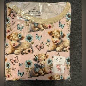 Girls Long Sleeve and Pants Bamboo Pajama Set- Pink Highland Cow